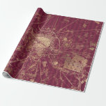 Papel De Regalo Mapa de viajes rojo y oro de Borgoña<br><div class="desc">Papel de envoltura gráfico de granos y oro de la época de París.</div>