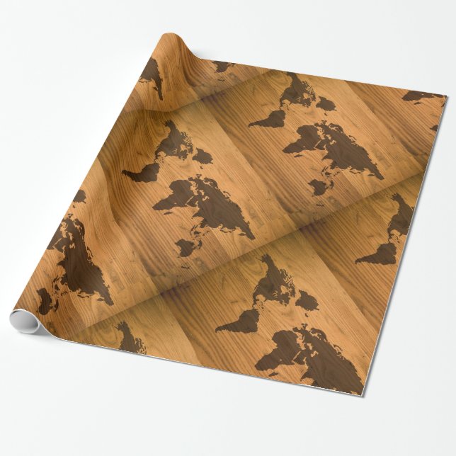 Papel De Regalo Mapa del mundo en el grano de madera (Desenrollado)
