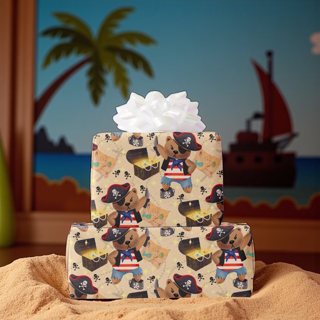 Papel De Regalo Mapa del tesoro pirata (Cute pirate bear gift wrap with maps and treasure chests, perfect for kids’ pirate party presents.)