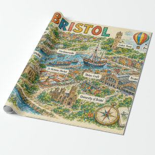 Papel De Regalo Mapa Ilustrado de Lugares Emblemáticos de Bristol