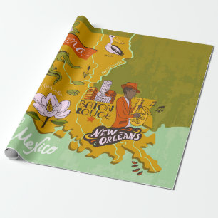 Papel De Regalo Mapa ilustrado de Luisiana, Estados Unidos. Viajes