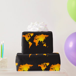 Papel De Regalo Mapa Mundial Brillante en Naranja y Amarillo