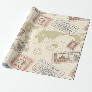Papel De Regalo Mapa Mundial de Sellos Postales Antiguos de Viajes