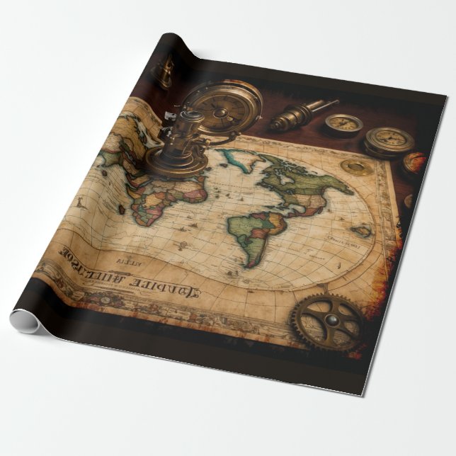 Papel De Regalo Mapa mundial de Steampunk Olde (Desenrollado)