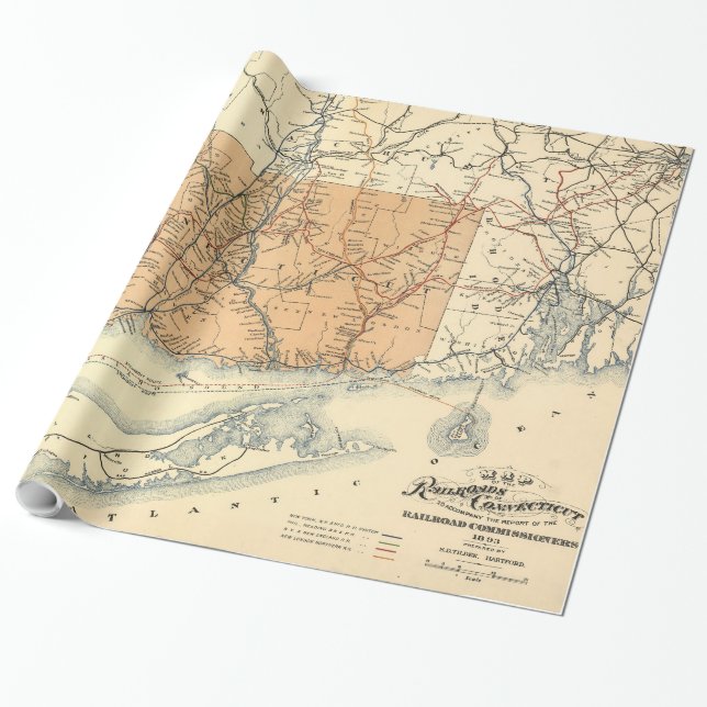 Papel De Regalo Mapa vitícola del ferrocarril de Connecticut (1893 (Desenrollado)