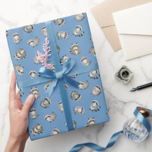 Papel De Regalo Mapaches de Acuarela Tirados sobre Azul