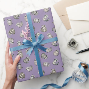Papel De Regalo Mapaches de Acuarela Tirados sobre Púrpura Claro