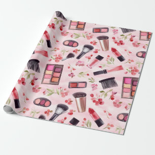 Papel De Regalo Maquillaje en acuarela con flores rosadas Patrón d