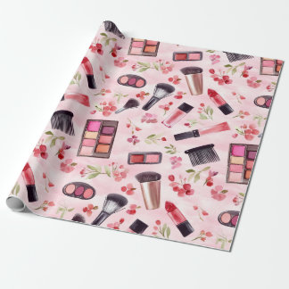 Papel De Regalo Maquillaje en acuarela con flores rosadas Patrón d