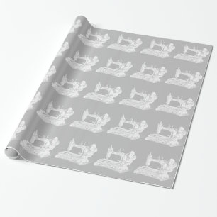 Papel De Regalo Máquina de coser del vintage - gris blanco de las