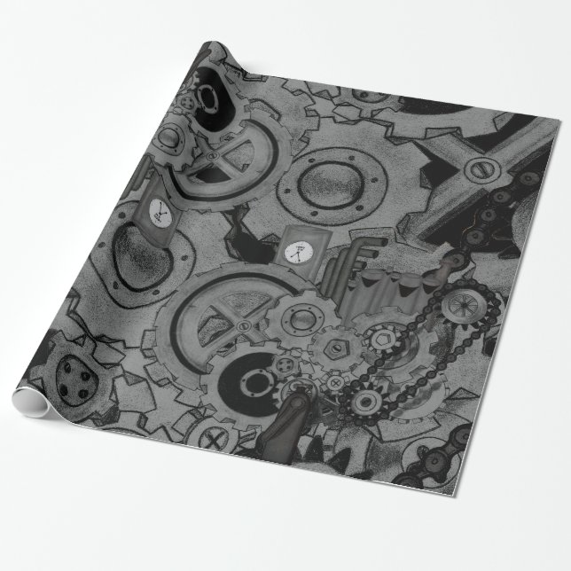 Papel De Regalo Maquinaria Steampunk (monocroma) (Desenrollado)