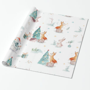 Papel De Regalo Maravilloso invierno con animales de bosque de sno