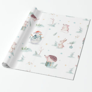 Papel De Regalo Maravilloso invierno con animales de bosque de sno