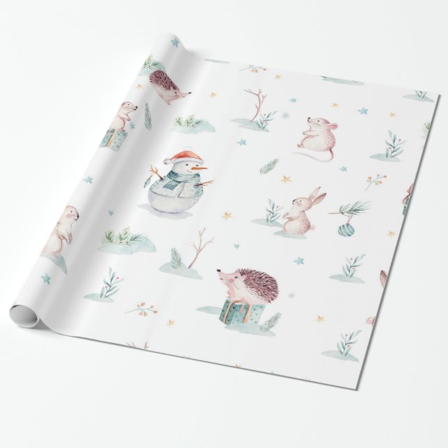 Papel De Regalo Maravilloso invierno con animales de bosque de sno (Desenrollado)