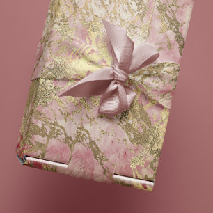 Papel De Regalo Marble Champaigne Oro Peony Pink Metalizado Stroke