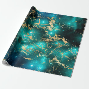 Papel De Regalo Marble espacial negro verde estrellada noche dorad
