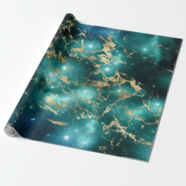 Papel De Regalo Marble espacial negro verde estrellada noche dorad (Desenrollado)