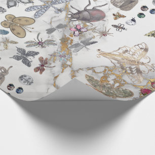 Papel De Regalo Marble Gray Gold Meadow Mariposa Insectos Gem