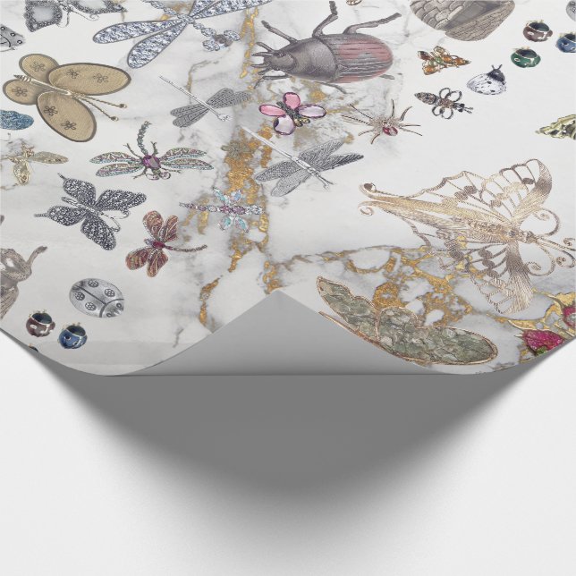 Papel De Regalo Marble Gray Gold Meadow Mariposa Insectos Gem (Esquina)