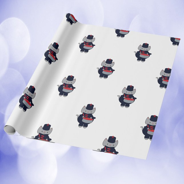 Papel De Regalo Marching Band Cat Snare Drum Navy Blue Red Pattern (Wrapping paper of a cat playing drums in a navy blue & red marching band uniform.)