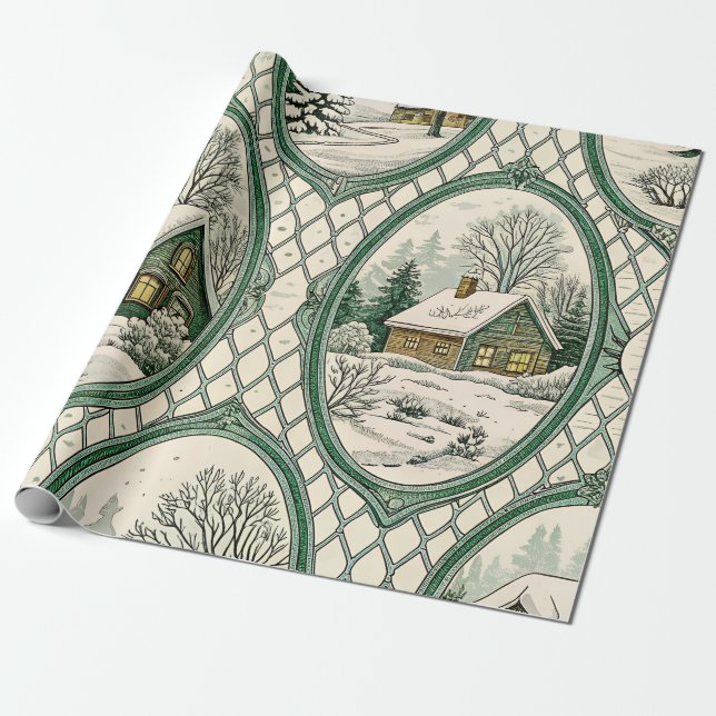Papel De Regalo Marco de Toile Verde de Patrón de Celosía de Cabañ (Desenrollado)