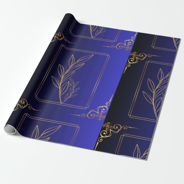 Papel De Regalo Marco dorado de degradado azul y negro (Desenrollado)