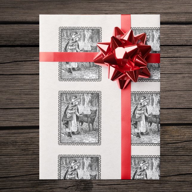 Papel De Regalo Marco negro rojo del lobo del cascabel blanco negr (Vintage Red Riding Hood wolf in forest in black frame on textured look white gift wrap paper.)