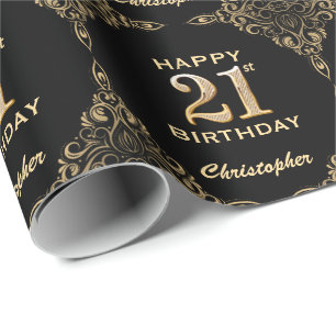 Papel De Regalo Marco Purpurina de oro y negro de cumpleaños 21