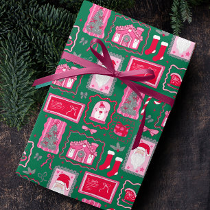 Papel De Regalo Marcos de Coqueta Rosa Lindo Patrón Navidad verde