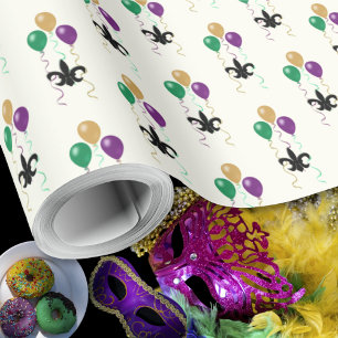 Papel De Regalo Mardi Gras Black Fleur DeLis con globos en marfil