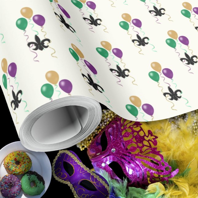 Papel De Regalo Mardi Gras Black Fleur DeLis con globos en marfil (Mardi Gras Black FleurDeLis with Balloons on Ivory Wrapping Paper by Leapfroglisics Shop)