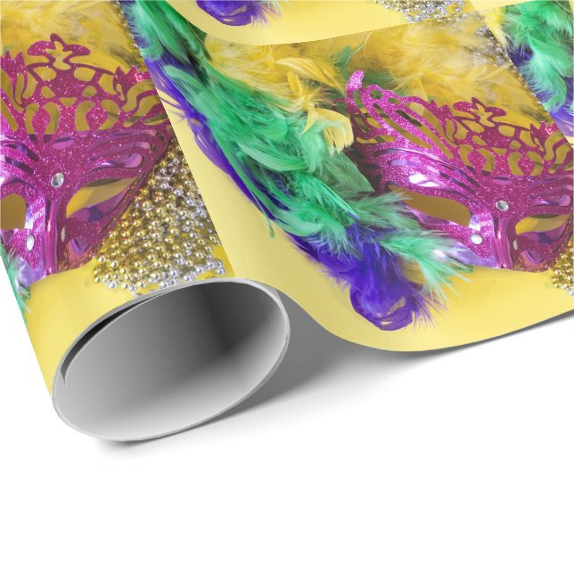 Papel De Regalo Mardi Gras Carnaval Mask Feather Boa Bebe (Esquina del rollo)