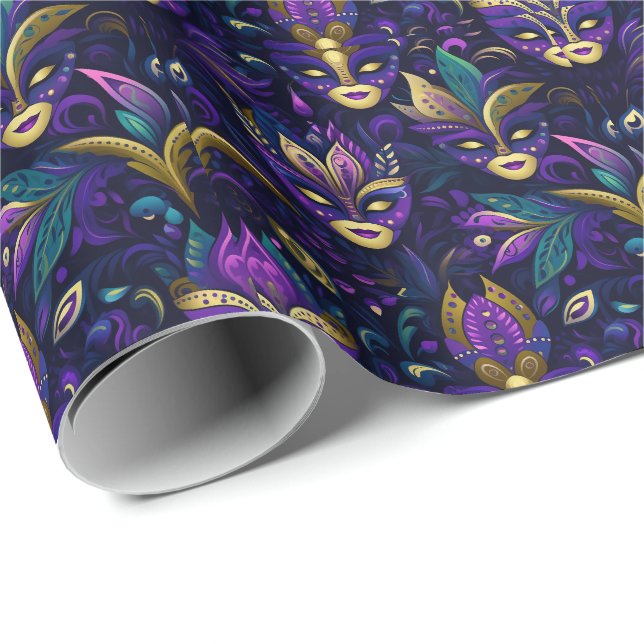 Papel De Regalo Mardi Gras con máscaras amarillas doradas (Esquina del rollo)
