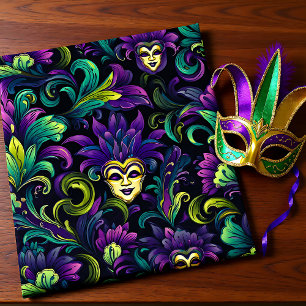 Papel De Regalo Mardi Gras con máscaras amarillas doradas