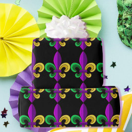 Papel De Regalo Mardi Gras Fleur de Lis Carnival Regalo Verde Púrp