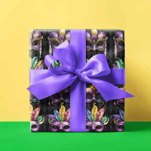 Papel De Regalo Mardi Gras máscaras amarillo dorado verde púrpura