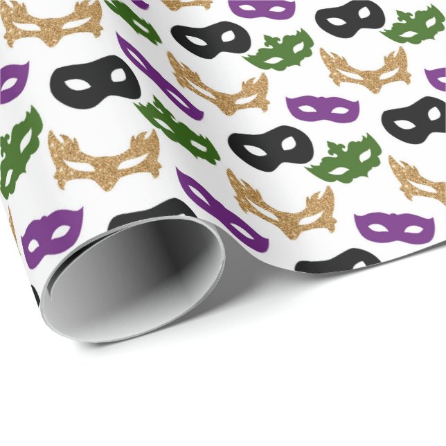 Papel De Regalo Mardi Gras Mask Purple Green Faux Gold Black (Esquina del rollo)
