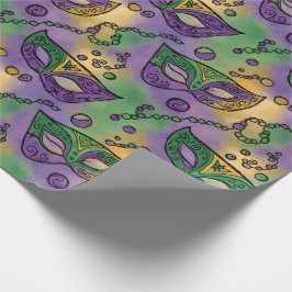 Papel De Regalo Mardi Gras Masks and Beads Purple Green Yellow