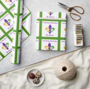 Papel De Regalo Mardi Gras NOMBRE Verde Dorado Púrpura Fleur de Li