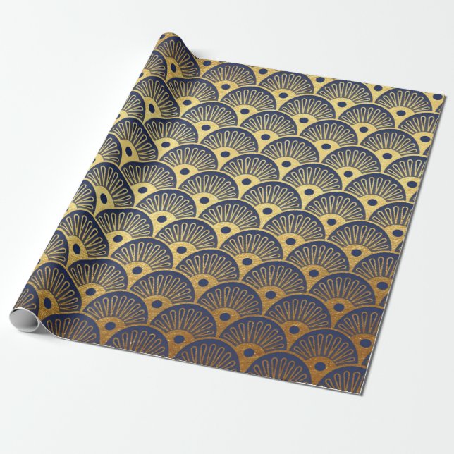 Papel De Regalo Marejadas Art Deco Waves Naval Vip Yacht Azul (Desenrollado)
