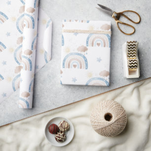 Papel De Regalo Marfil Blue Taupe Boho Nubes Arcoiris Star Boy Reg