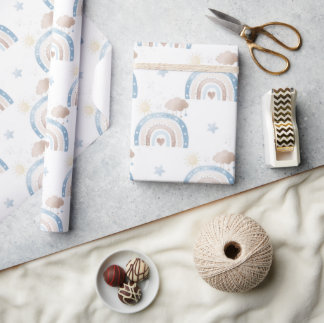 Papel De Regalo Marfil Blue Taupe Boho Nubes Arcoiris Star Boy Reg