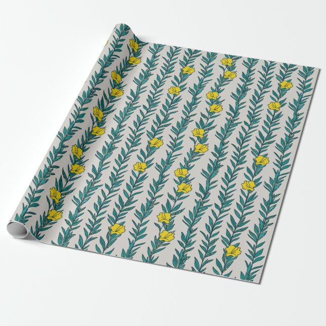 Papel De Regalo Marfil verde con flores amarillas (Desenrollado)