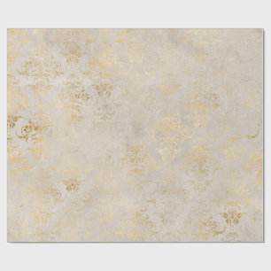 Papel De Regalo Marfil y Oro Grunge Damasco Antiguo
