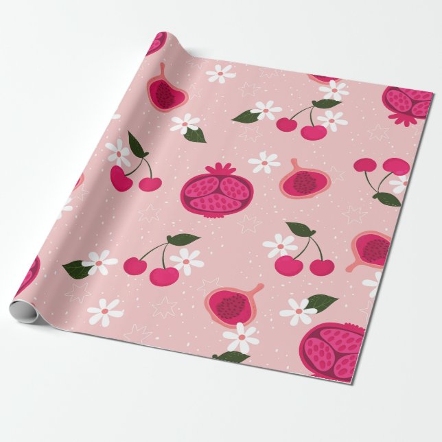 Papel De Regalo margarita floral de cerezo rosa granada (Desenrollado)