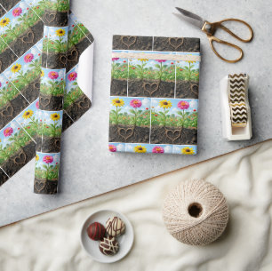Papel De Regalo Margarita y Zinnia Amor Corazón en Jardín