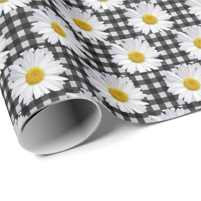 Papel De Regalo Margaritas Blancas Sobre Gingham  (Esquina del rollo)