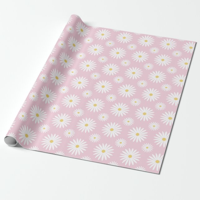 Papel De Regalo Margaritas Blancas Sobre Rosa (Desenrollado)