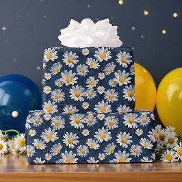 Papel De Regalo Margaritas en Cumpleaños de Mezclilla Azul