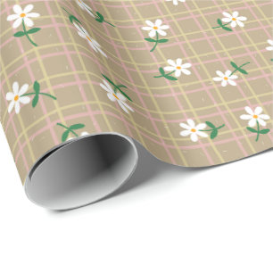 Papel De Regalo Margaritas sobre Cuadros Marrones (escala grande)